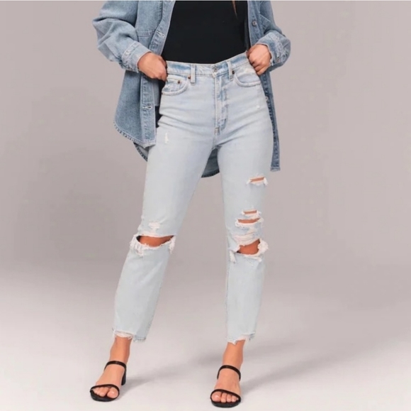 Abercrombie & Fitch Denim - Abercrombie The Ankle Straight Ultra High Rise Light Wash Destroyed